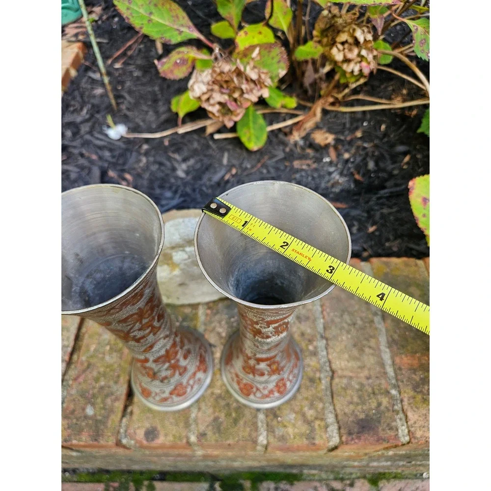Vtg Pair of Silver-Tone Brass Trumpet Vases with Orange Floral Etchings, 9
